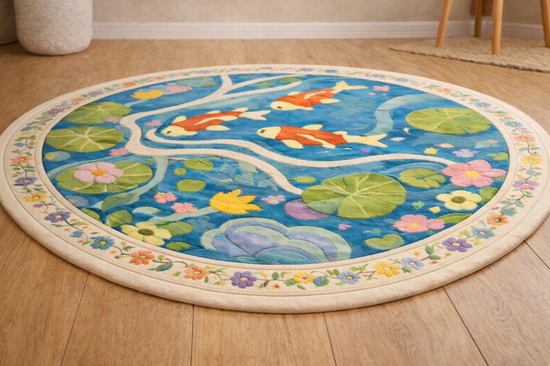 Round Koi Fish Pond Rug, Blue Lily Pad Floral Area Rug, Japanese Zen ...