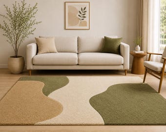 Modern Organic Abstract Hand Tufted Rug, Sage Green & Beige Area Rug, Neutral Living Room Rug, Scandinavian Minimalist Carpet, Luxury