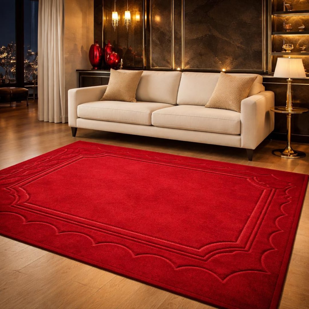 Red Velvet Rug Texture Luxury Red Velvet Rug in Classic Living Room, Elegant Beige Sofa Decor ...