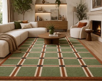 Hand-Tufted Green Plaid Area Rug, Mid Century Modern Carpet, Cozy Scandinavian Floor Decor