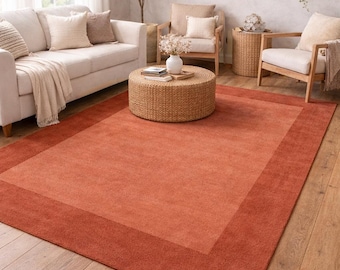Terracotta Border Area Rug, Modern Minimalist Solid Rug, Burnt Orange Living Room Carpet, Boho Warm Tone Floor Rug