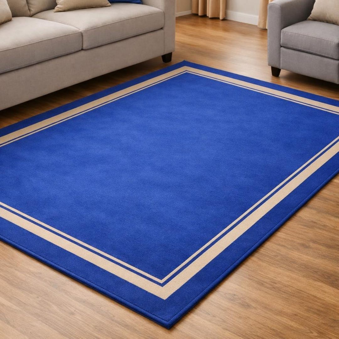 Blue Bordered Rug Royal Blue Area Rug, Modern Minimalist Living Room Carpet, Blue Border ...