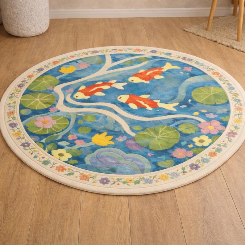 Round Koi Fish Pond Rug, Blue Lily Pad Floral Area Rug, Japanese Zen ...