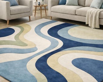 Tapete moderno abstrato azul, tapete para sala de estar com padrão geométrico de ondas, tapete macio contemporâneo para piso, tapete decorativo minimalista para casa.