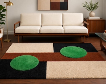 Tapete geométrico moderno tufado à mão, tapete abstrato com círculos verdes, tapete para sala de estar em tons de creme, preto e marrom, tapete contemporâneo de luxo feito à mão.