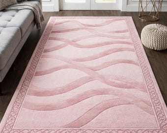 Sanfter Rosa Wellenteppich, Moderner Minimalistischer Blush Teppich, Abstrakter Wellenmuster Bodenteppich, Gemütliches Wohnzimmer Schlafzimmer Dekor