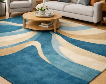 Tapete abstrato moderno com padrão de ondas em tons de azul e bege, tapete contemporâneo para sala de estar, tapete macio e decorativo para piso, decoração neutra para casa.