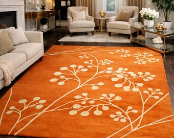 Hand-Tufted Orange Floral Wool Area Rug, Modern Botanical Living Room Carpet