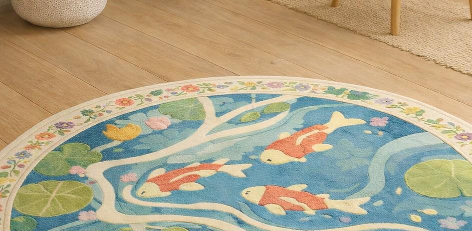 Round Koi Fish Pond Rug, Blue Lily Pad Floral Area Rug, Japanese Zen ...