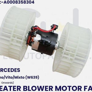 May include: A Mercedes heater blower motor fan assembly, suitable for Viano/Vito/Mixto (W639) models. The image displays the fan with white blades, a black motor, and red and black wiring. The text on the image reads "MERCEDES HEATER BLOWER MOTOR FAN".
