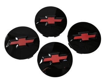 Set of 4 Glossy Black 83mm Wheel Center Caps with Red Grid Logo for Chevy Silverado, Suburban, Tahoe - Replacement Hub Caps for 1999-2023