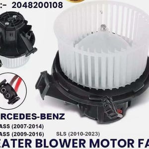 May include: A Mercedes-Benz heater blower motor fan. The image shows the fan assembly with a white fan and black housing. The text on the image reads "MERCEDES-BENZ", "C-CLASS (2007-2014)", "E-CLASS (2009-2016)", "SLS (2010-2023)", and "HEATER BLOWER MOTOR FAN".