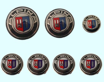 Alpina 82 mm vorderes Emblem, 74 mm hinteres Emblem, 45 mm Lenkrad-Emblem 4 x 56 mm Kappen - 3er, 5er, X3, X5, Z4 (1997-2023) 7Stk