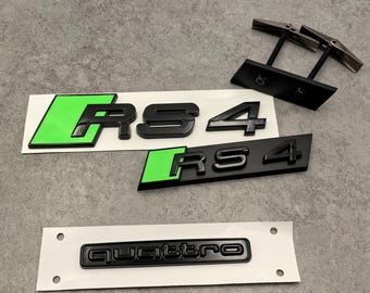 Set mit 3 glänzenden grünen und schwarzen RS4 Heck-Emblem, RS4 Grill-Emblem und Quattro-Heck-Emblem für Audi RS4 2006-2023, Custom Car Badges