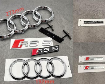 Chrome Audi Emblem Set 7Pcs 273mm Front Rings 192mm Rear Rings RS5 Grille Rear Badge RS Edition Side Quattro Upgrade Kit