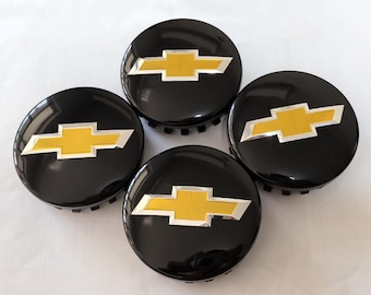 Set med 4 blanksvarta 83 mm aluminiumfälgkåpor med gyllene rutnätslogotyp för Chevy - OEM-ersättningsnavkåpor 22837060