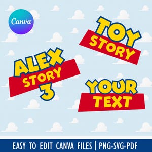 May include: Three graphic designs featuring yellow block letters with blue outlines on red rectangular backgrounds. The text reads TOY STORY, ALEX STORY 3, and YOUR TEXT. The background is a light blue pattern with white cloud shapes.