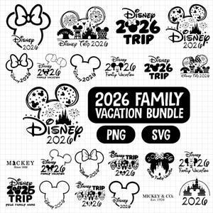 Könnte beinhalten: Schwarz-weiße Disney-Grafiken mit Mickey Mouse Ohren, Schleifen und Schlosssilhouetten. Der Text enthält "Disney 2026", "Trip" und "Family Vacation". Eine Bundle-Option ist auch in PNG- und SVG-Formaten verfügbar.