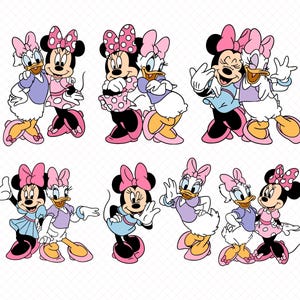 May include: A collection of cartoon illustrations featuring Minnie Mouse and Daisy Duck in various poses. Minnie wears a pink polka-dot dress and bow, while Daisy wears a purple top and pink shoes. They are shown standing together in pairs.