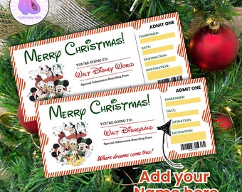 Biglietto di Natale Diseyworld stampabile, biglietto di viaggio Disey con stampa a sublimazione, biglietto di Natale Diseyland, biglietto per la presentazione a sorpresa del parco a tema