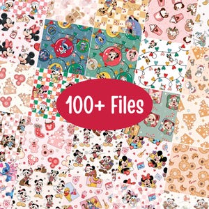 Könnte beinhalten: Eine Sammlung digitaler Papiere mit Mustern, die verschiedene Disney-Charaktere und Elemente zum Thema Feiertage zeigen. Die Designs umfassen Micky Maus, Minnie Maus, Stitch und andere, mit festlichen Dekorationen. Der Text "100+ Files" ist in einem roten Oval enthalten.