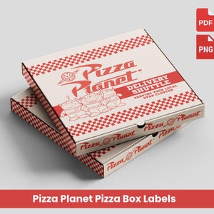 May include: A square cardboard pizza box featuring a red and white checkered border. The top displays the text Pizza Planet, a planet logo, and three alien characters. The side panels repeat the Pizza Planet logo and text in red on a white background.