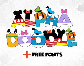 Mikey Mini Donalad Duck Doodle Alphabet Letters Font Download Digital File Mouse alpha doodle Mikey Mouse Family World Birthday Party Design