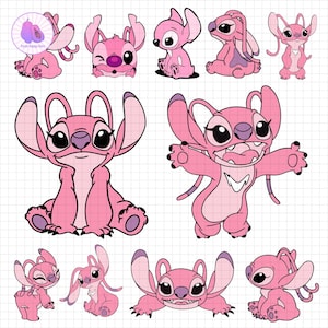 May include: A collection of pink cartoon character illustrations. The characters have large ears, big eyes, and various poses, including sitting, winking, and waving. The designs are in a flat, graphic style, with a grid background.