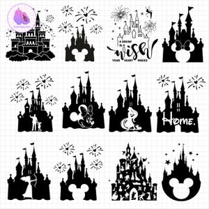 May include: A collection of black silhouette castle designs, some with fireworks, character outlines, and text. Designs include a castle with a bow, a castle with the word "Home", and a castle with the text "A dream is a wish your heart makes."