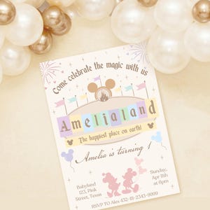 May include: A party invitation with the text "Come celebrate the magic with us" and "Amelialand". The invitation has a Mickey Mouse theme, with pastel colors and a balloon border. The invitation is for Amelia's first birthday.