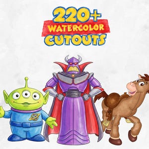May include: A digital collection of 220+ watercolor cutouts featuring a green three-eyed alien in a blue suit, a purple and silver armored villain with a red cape, and a brown horse with a saddle, all displayed against a light background.