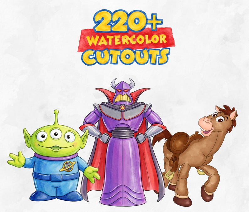 May include: A digital collection of 220+ watercolor cutouts featuring a green three-eyed alien in a blue suit, a purple and silver armored villain with a red cape, and a brown horse with a saddle, all displayed against a light background.
