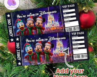 Biglietto di Natale Diseyworld, biglietto stampabile, biglietto di Natale Diseyland, biglietto per la sorpresa del parco a tema, biglietto per il viaggio Disey con stampa a sublimazione