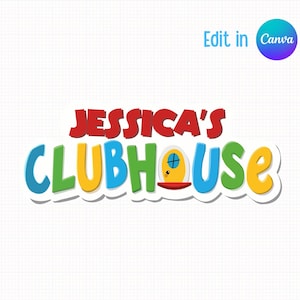May include: A graphic design featuring the text JESSICA'S CLUBHOUSE in a multi-colored, playful font. The word JESSICA'S is in red, while CLUBHOUSE is in blue, yellow, and green. The letter O is replaced by a yellow door with a blue window.