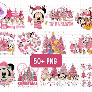 May include: A collection of pink and white Christmas-themed PNG graphics featuring Disney characters. Designs include Mickey Mouse, Minnie Mouse, Donald Duck, and others, with text such as "Walt Disney World" and "Christmas Squad."