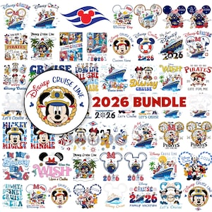 Puede incluir: Una colección de gráficos temáticos de Disney Cruise Line, con Mickey Mouse, Minnie Mouse y otros personajes. Los diseños incluyen cruceros, elementos náuticos y el texto "2026 BUNDLE". Se utilizan varios colores, incluyendo azul, rojo y blanco.