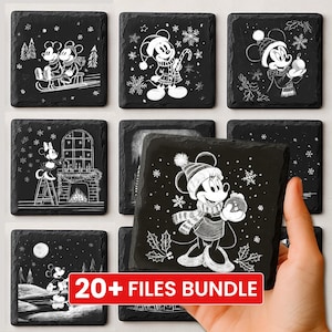 May include: A collection of black slate coasters with white illustrations of Mickey and Minnie Mouse in winter scenes. The coasters feature snowflakes, Christmas trees, and the text "20+ FILES BUNDLE".