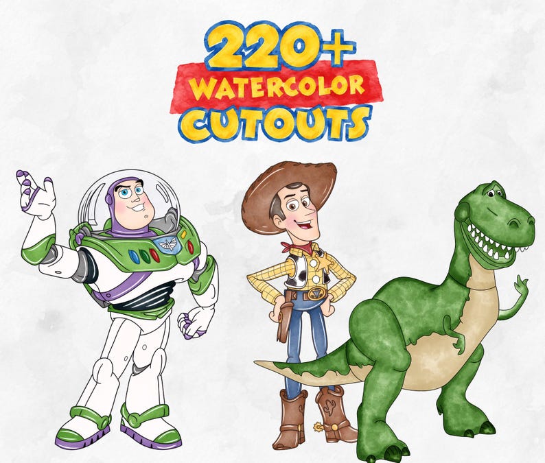 May include: A digital illustration featuring watercolor-style cutouts of Buzz Lightyear, Woody, and Rex from Toy Story. The text 220+ WATERCOLOR CUTOUTS is displayed in yellow and blue lettering above the characters on a light background.