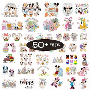 May include: A collection of over 50 digital files featuring various Disney characters celebrating Easter. The designs include Mickey and Minnie Mouse, Donald Duck, and Goofy, with Easter eggs, bunnies, and the text "Happy Easter".