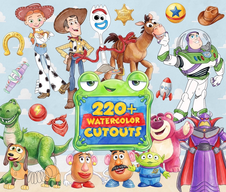 May include: A collection of watercolor illustrations featuring various animated toy characters including a cowgirl, a cowboy, a spork, a horse, a space ranger, a dinosaur, a dog, potato figures, an alien, a bear, and a villain, with text reading 220+ WATERCOLOR CUTOUTS.