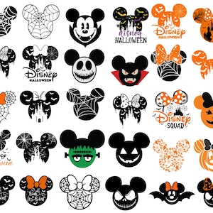 May include: A collection of thirty graphic icons featuring Mickey Mouse and Minnie Mouse silhouettes with Halloween themes, including spider webs, pumpkins, bats, castles, and text such as Disney Halloween, Disney Squad, and trick or treat.