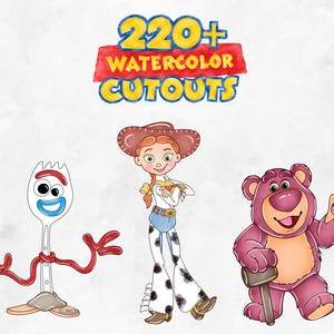 May include: A collection of watercolor cutouts featuring a white spork character with red pipe cleaner arms, a cowgirl character with a red hat and cow-print pants, and a purple bear holding a mallet, with the text 220+ WATERCOLOR CUTOUTS.