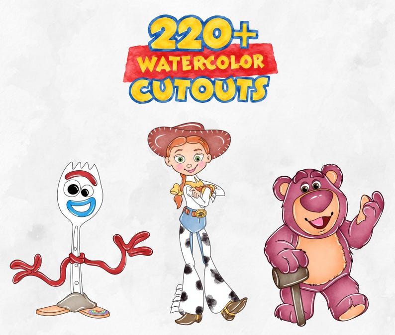 May include: A collection of watercolor cutouts featuring a white spork character with red pipe cleaner arms, a cowgirl character with a red hat and cow-print pants, and a purple bear holding a mallet, with the text 220+ WATERCOLOR CUTOUTS.
