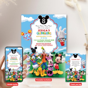 May include: A children's party invitation set with Mickey Mouse characters. The invitation reads "JESICA'S CLUBHOUSE" with party details. A mobile invite and thank you tag are also displayed, all with a vibrant, colourful design.