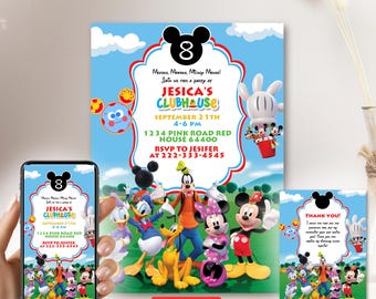 May include: A party invitation set featuring Mickey Mouse characters. The invitation includes the text "JESICA'S CLUBHOUSE" and party details. A mobile invite and thank you tag are also shown, all with a colorful design.