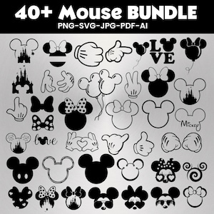 Peut inclure: Un ensemble de plus de 40 graphiques sur le thème de la souris, en noir et blanc. Comprend des silhouettes de têtes de souris, des nœuds, des mains et des châteaux. Le texte en haut indique "40+ Mouse Bundle".