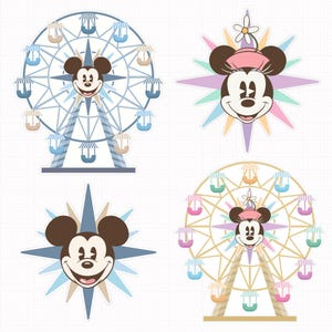 May include: A set of four stickers featuring two ferris wheels and two character faces. One ferris wheel is blue and white with a Mickey Mouse face, the other is yellow and pink with a Minnie Mouse face. Two starburst designs feature Mickey and Minnie.