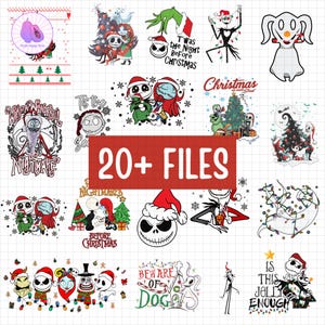 Könnte beinhalten: Eine Sammlung digitaler Dateien mit Charakteren aus The Nightmare Before Christmas mit festlichen Urlaubsthemen. Designs umfassen Jack Skellington, Sally, Zero und Grafiken zum Thema Grinch mit dem Text "20+ FILES".