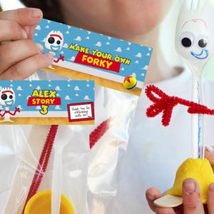 May include: A DIY craft kit featuring a plastic fork with googly eyes, red pipe cleaner arms, and a yellow clay base. The kit includes a clear bag with labels that read "MAKE YOUR OWN FORKY" and "ALEX STORY 3" with "Thank You for celebrating with me!"
