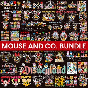 Pode incluir: Um fundo preto com vários designs de personagens da Disney, incluindo Mickey Mouse, Minnie Mouse, Pato Donald e outros. Os textos incluem "Mickey & Co.", "Disneyland" e "Mouse and Co. Bundle".